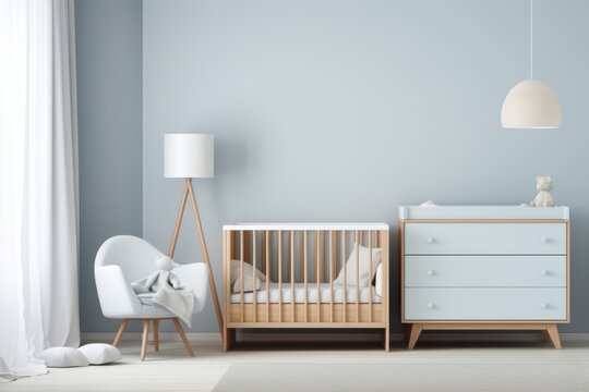 Minimalist baby room with white furniture and relaxing light blue color scheme for sale
