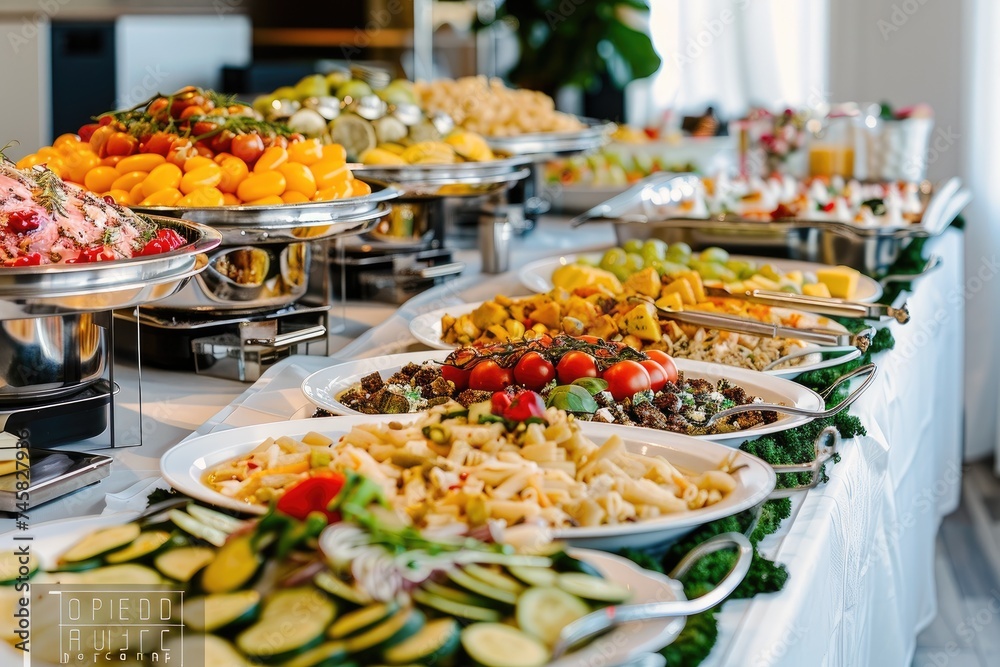 Wall mural Catering buffet food on a long table in a hotel restaurant