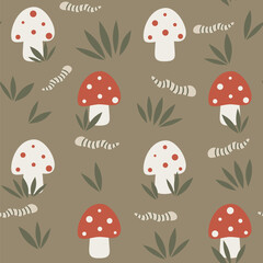Cute hand drawn cartoon seamless vector pattern illustration with red and white mushrooms and worms on green background