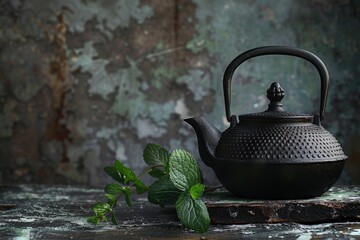 Obraz na płótnie Canvas Elegant black teapot with mint herbs and stone