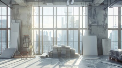 Morning light in a modern loft under renovation - An image capturing the gentle morning sun in an under-construction loft space with urban views, symbolizing potential