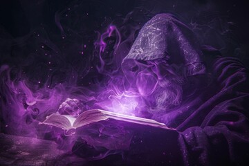 Mystic wizard casting spells from ancient book - A hooded figure engrossed in reading a glowing book amidst swirling purple mists, suggesting an occult or magical activity in a dark, mysterious settin