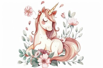 Obraz na płótnie Canvas Hand-drawn unicorn with floral mane illustration