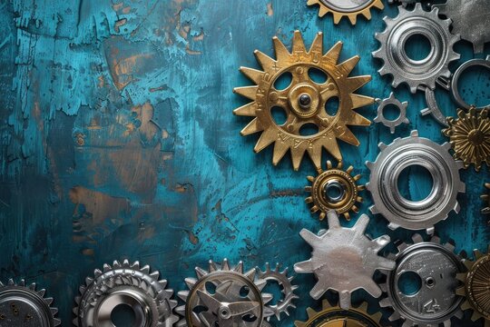 Design of silver gears with a golden one on blue background
