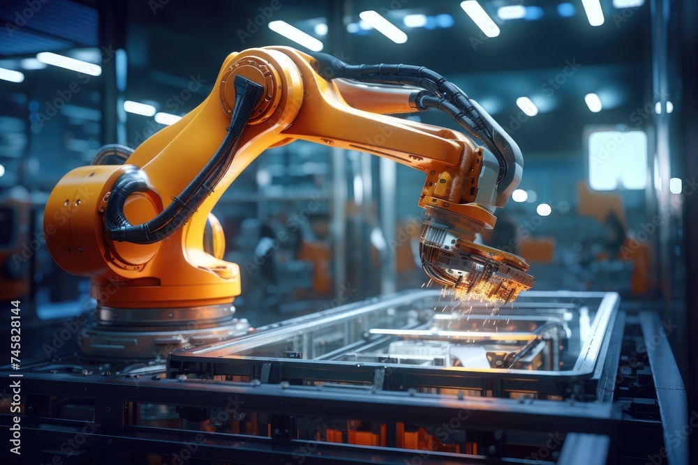 Fototapete Robotic arm for electronic assembly line. Smart modern factory automation using advanced machines.