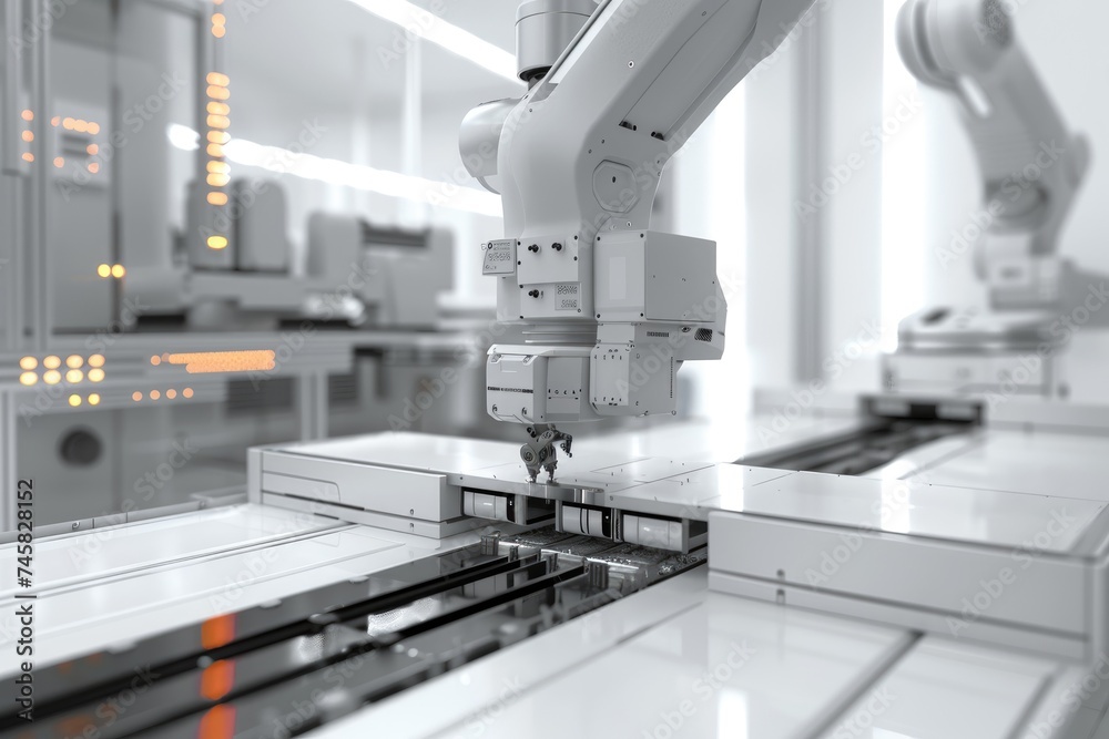 Leinwandbilder robotic arm for electronic assembly line. smart modern factory automation using advanced machines.