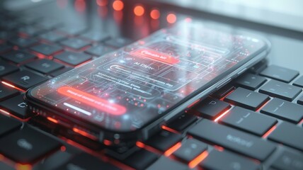 Smartphone on keyboard with digital security concept - Captivating image of a smartphone with digital security and network interface on a computer keyboard implying online data protection