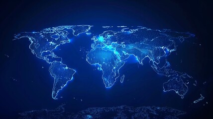 Static world map with digital blue continents - A detailed illustration of the world in digital blue outlines emphasizing a global network concept