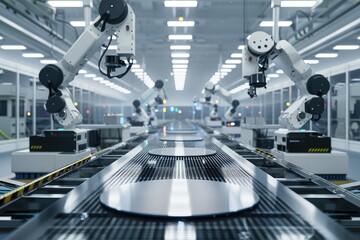 Robotic manufacturing of semiconductors and computer chips from silicon wafers. Modern technology concept