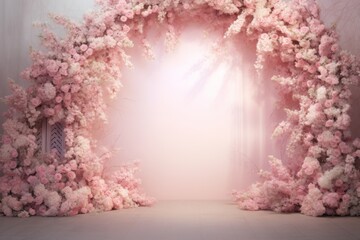 Whimsical floral installation - An intricate and whimsical floral installation forms a tunnel of pink and white blooms, inviting imagination and nostalgia - obrazy, fototapety, plakaty