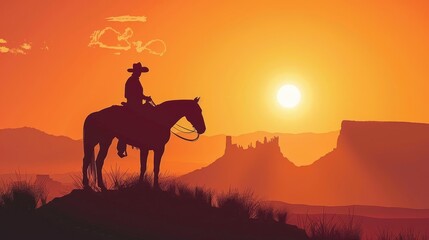 Fototapeta na wymiar Silhouetted western cowboy on horseback at sunset in desert