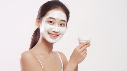 Woman holding facial cream next to her face - Happy Asian woman with a facial mask presenting a jar of skincare cream, symbolizing beauty routine