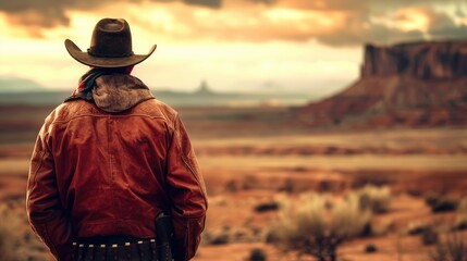 Lone American cowboy staring at the desert horizon
