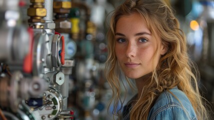 Fototapeta na wymiar Young woman with machinery in background - A portrait of a blue-eyed young woman with loose curly hair set against an industrial background with machinery