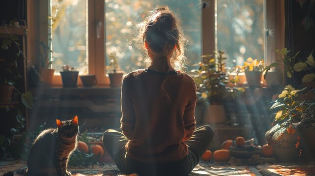 Woman enjoying a quiet moment with cat - A serene image capturing a woman in thoughtful pose with her cat by a sunlit window, surrounded by plants and pumpkins