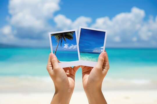 Woman hands holding printed vacation photos. Memories of a holiday by the sea.
