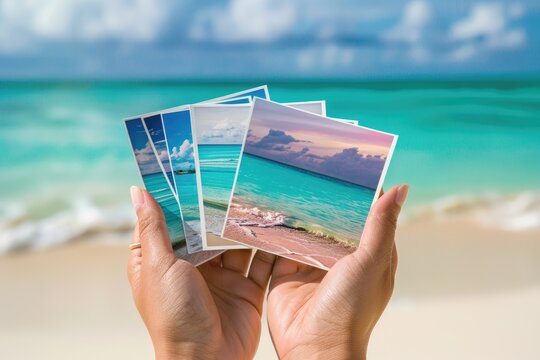 Woman hands holding printed vacation photos. Memories of a holiday by the sea.