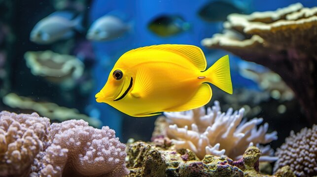 Yellow tang fish on coral reef