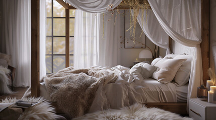 A cozy bedroom with a canopy bed, soft white bedding, and a fluffy, faux fur blanket. - obrazy, fototapety, plakaty