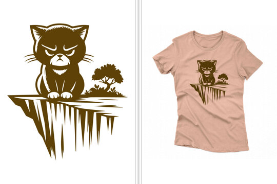 a grumpy cat sitting over the cliff t-shirt artwork and vector design, t shirt apparel for printing