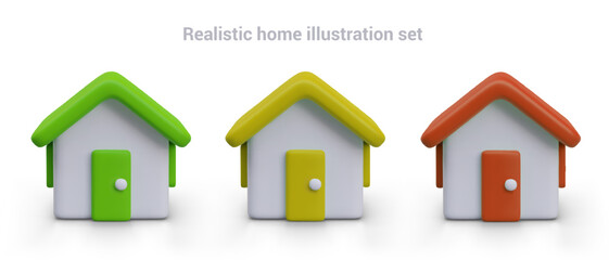 Set of 3D houses of different colors. Personal homes in cartoon style