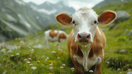 Cows graze on an alpine green meadow