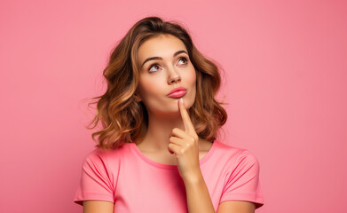 Pensive in Pink: Woman Contemplating on Pink Background