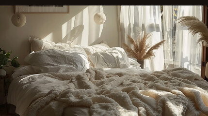 A cozy bed with a fluffy white blanket and soft pillows, inviting and comfortable.