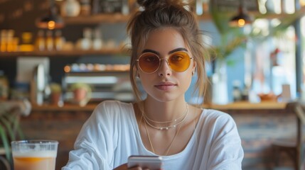 A young beautiful woman with her hair tied in a ponytail and wearing sunglasses sits in a village cafe
