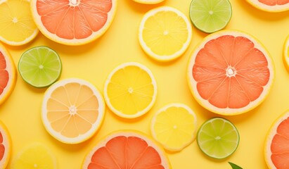 Obraz premium citrus slices are lying on top of yellow background