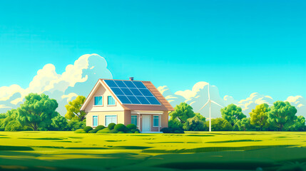 Eco-friendly house with solar panels on roof in a sunny rural landscape.