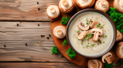 Obraz na płótnie Canvas Creamy mushroom soup in bowl with fresh herbs and mushrooms on wooden table.