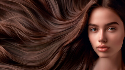 Portrait of a woman with long wavy brown hair. Hair style and products concept.