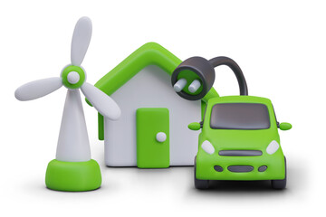 Eco friendly concept. Alternative green energy. Wind turbine, house with green roof, electric car