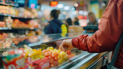 A customer paying for purchases at a checkout counter, with a conveyor belt full of items.