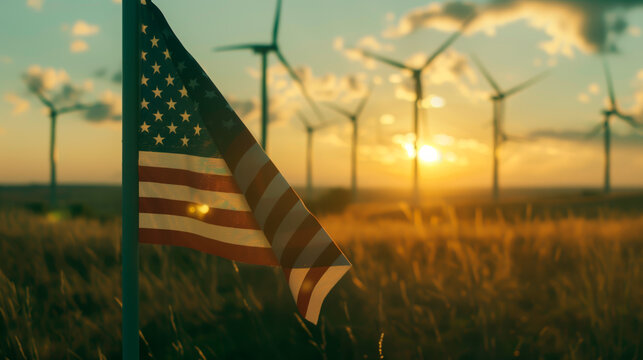 American flag with wind turbines at sunset, symbolizing renewable energy.