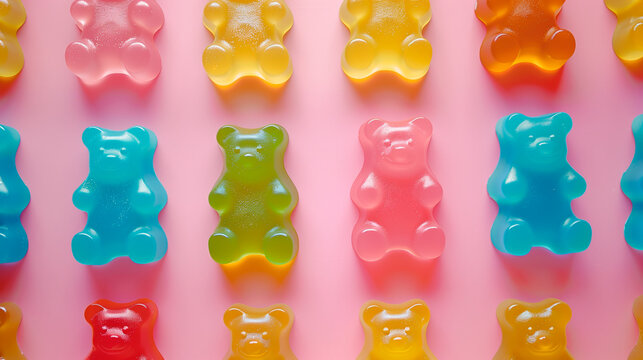 Colorful gummy bears candy arranged on a pink background.