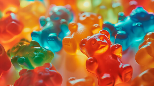 Close up of colorful gummy bears with a vibrant glow.
