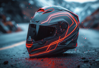 red helmet of rcx biker for motorcycle on a shady surface in the dark