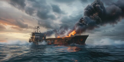 Fototapeta premium Ship Ablaze at Sea