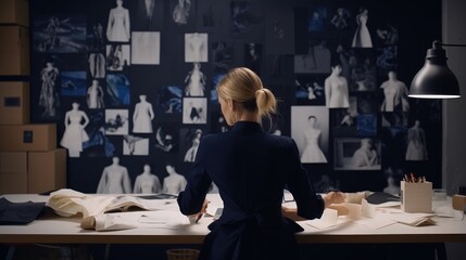 Naklejka premium a woman in black blouse is sitting at a desk with mannequins on the wall