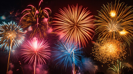 Naklejka premium A variety of colorful fireworks exploding in the sky