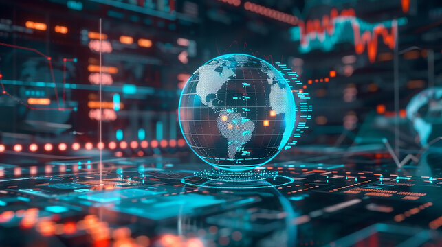 A digital hologram of a globe surrounded by financial data, representing global economic analysis and forecasting.