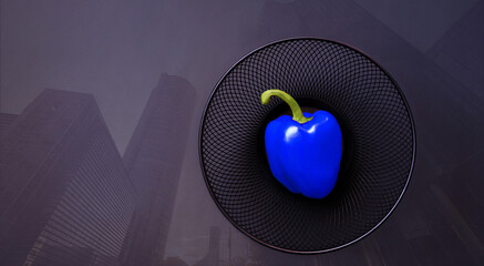 Minimal composition of one pepper in a black bowl on a solid background. Dark wallpaper, color variation, minimalism. Image manipulation. Copy space