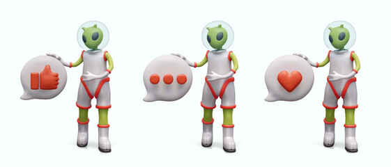 Set of space icons for messenger. Alien, like, heart, thumbs up, three dots