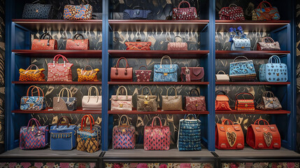 Fototapeta na wymiar A display of handbags and accessories on shelves in a boutique.