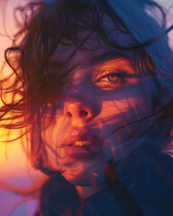 a woman with a sunset and wind blowing