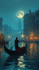Venetian gondola floating in gentle waters of canal under crescent moon - obrazy, fototapety, plakaty