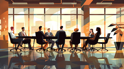 Fototapeta na wymiar A group of business executives having a discussion in a boardroom, with a large conference table.