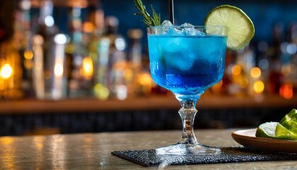 Glass of blue drink in bar on wooden table. Alcoholic drink.